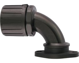 HellermannTyton forskruning PA66, sort med 90 graders flange. Denne IP66 godkendte forskruning er fremstillet af halogenfri polyamid.