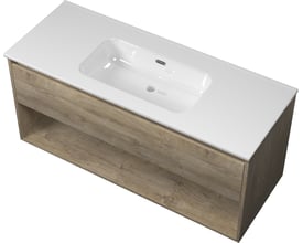 Sanibell Proline møbelsæt i rå eg 121 cm bredt med hvid vask og åben hylde, der viser soft close og integreret greb.