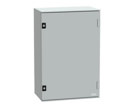 Schneider Electric PLM64 vægskab i RAL7035, 647x436x250 mm, med tydelig logo på fronten.