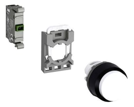 ABB trykknap MP1-40W-10 komponenter: en grå kontaktmodul, en grå monteringsramme og en hvid trykknap med sort kant.