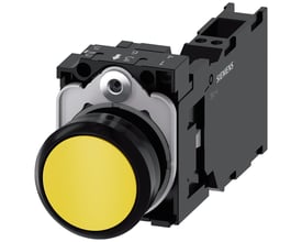 Siemens 22mm trykknap i gul plastik med 1NO1NC og fjederterminal, vist med bagvedliggende modul på hvid baggrund.