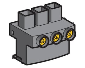 Illustration af Schneider Electric klemmetilslutning GV1-G09 med gul markering i de cirkulære åbninger.