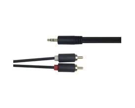 Sort Deltaco-lydkabel på 1 meter med 3,5 mm jackstik i den ene ende og to RCA-stik i den anden.