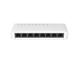 Hvid Safire desktop-switch med PoE og 10/100/1000 Mbps-hastighed, set forfra med netværksporte.