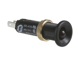 Schneider Electric lysdiode Ø8 IP40 med LED og sort bezel, 48VDC, rød, monteret på hvid baggrund.