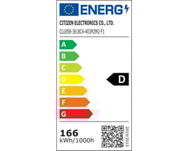Energimærke for Albertslund Maxi LED-DPC fra Louis Poulsen, viser klasse D og 166 kWh/1000h.