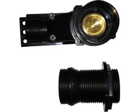 Dette billede viser en delbar koblingsdåse i sort plast med en indvendig messingdel og Torx 20 skruer, samt et separat monteringsrør med gevind.