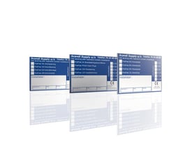 FireFree CE-etiketter til brandlukninger med blå tekstfelter, afkrydsningsfelter og CE-mærke til 101, 501, 601 og 602.