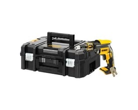 DeWalt 18V XR gipsskruemaskine med TSTAK-værktøjskasse, vist fra siden på en hvid baggrund.