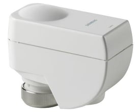 Siemens SSA955 radiatorventil aktuator KNX-RF i hvid plast med sølvfarvet ventilkobling, vist fra siden på hvid baggrund.