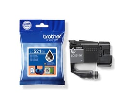 Brothers sorte LC521BK-blækpatron ses ved siden af den blå originalemballage med modelnavnet tydeligt.
