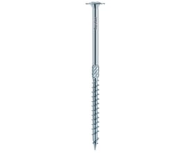 Nærbillede af en Eurotec tallerkenskrue 8,0 x 200 mm, der viser det karakteristiske tallerkenhoved og den el-galvaniserede overflade.