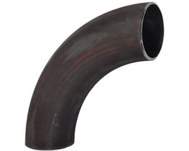 Indura svejsebøjning 5S på 90° med mørk ståloverflade og åbne rørender, 108,0 x 3,6 mm.