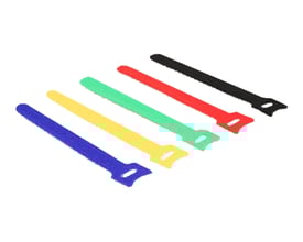 DeLock velcro strips i assorterede farver, 150 x 12 mm, pakke med 10 stk. til kabelstyring på hvid baggrund.