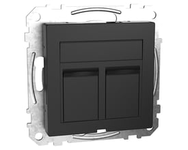 Merten dataudtag i mat sort, med plads til to Actassi eller Keystone konnektorer, vist med monteringsramme i metal.