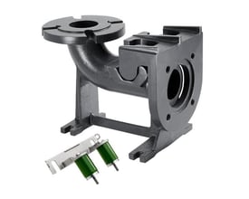 Grundfos DN65 autokobling til spildevandspumper med synlige skruehuller og grønne komponenter.