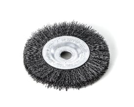 Spånbørste i bølget ståltråd, 100mm diameter og 12mm huldiameter, ideel til bænksliber.