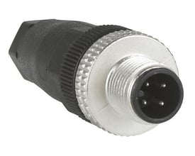 Lige 4-polet M12-hanstik fra Telemecanique Sensors med gevindtilslutning og sort kabelindføring, model XZCC12MDM40BJ.