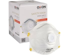 Boisen Safety FFP1 NR D-støvmaske med ventil foran æsken med OX-ON-logo og produktillustration.