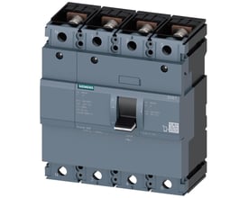 Siemens 4-polet maksimalafbryder 3VA1 med 250A mærkestrøm og SD100 udløser i grå plastikhus, vist fra siden.