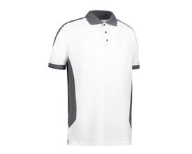 ID Identity Poloshirt pro i hvid med grå kontrastdetaljer på ærmer og sider, størrelse M.