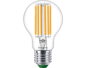 Nærbillede af Philips Master Ultra Efficient LED pære, detaljeret visning af E27 sokkel og klare filamenter.