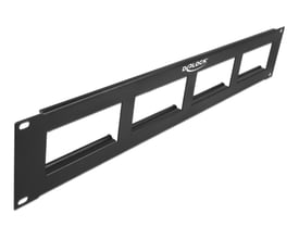 Sort DeLock Easy 45 patchpanel til 19″ rack i 2U med fire rektangulære udskæringer, set skråt forfra.
