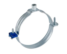 Geberit 50 mm rørbærer i sort stål med M8/M10 gevind, monteret med blå plastdetalje og synlige skruer, isoleret hvid baggrund.