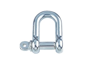 D-sjækel på 10 mm i syrefast AISI 316 A4, med buet form og tværgående låsebolt i sølvfarvet metal.