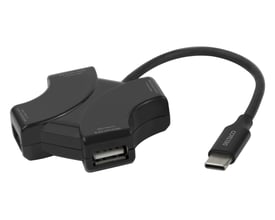 Deltaco USB-C hub med fire USB-A porte og 480 Mbps dataoverførsel, vist på hvid baggrund.