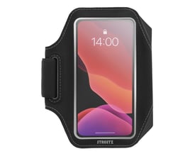 Sort STREETZ-sportsarmbånd med gennemsigtig telefonlomme til smartphone med 5,5-6,5-tommers skærm, vist forfra.