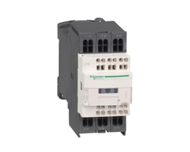 Schneider Electric TeSys D kontaktor med 3 faser, 12A strøm og 115 VAC spole, vist med tilslutningsterminaler og hjælpekontakter.