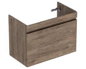 Geberit Renova Plan vaskeskab i mørkt nøddetræ med en bredde på 83,2 cm og en skuffe med integreret greb.