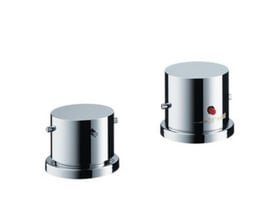 Elegant Axor Starck kararmatur i krom med 2-grebs betjening, viser begge greb på hvid baggrund. Det højre greb har en rød temperatursymbol.