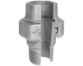 Georg Fischer galvaniseret union i støbejern med 1¼" gevind, vist med halvdelen skåret igennem for at vise indvendig konstruktion og konisktætning.