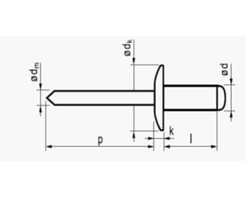 Teknisk tegning af 4,8X26 alu/st nitte med rund og stort hoved, med mål angivet på hvid baggrund.
