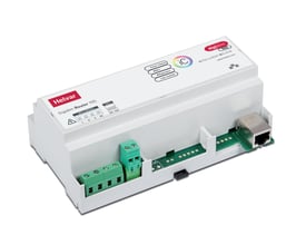 Helvar Digidim 905 router, nærbillede af toppen med statusindikatorer og DALI-port, en hvid enhed til el-tavlen.