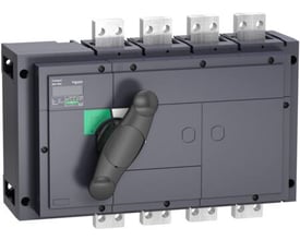 Schneider Electric 4-polet lastadskiller INS800 med sort drejehåndtag og synlige terminaler, vist på grå baggrund.