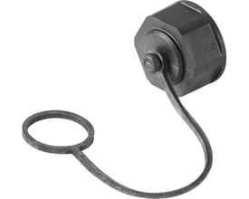 Weidmüller beskyttelseshætte IE-BP-V01P i sort PA 6 GF, med fastgjort snor og ring til sikring mod tab.