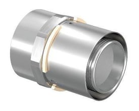 Detaljeret vinkel af Uponor S-Press kobling, viser den indvendige gevindmuffe og 40mm pres-ende.
