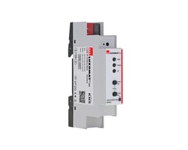 B.E.G. hvidt LAN-IF/KNXs REG KNX IP-interface set skråt forfra med indikatorer og tilslutninger synlige.