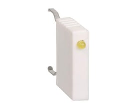Schneider Electric varistor på 50-129V AC/DC med hvidt plastikhus og en lille gul indikatorlampe. Monteringsclips ses i siderne.