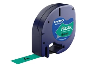 DYMO LetraTag plasttape i grøn kassette med grøn tape og sort tekst, 12 mm bred og 4 meter lang.