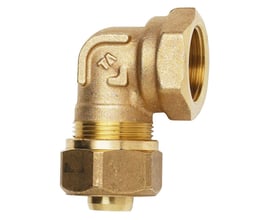 IMI 28 mm x 1" PX vinkel muffe i messing, set fra siden med indvendigt gevind og omløber til Alu/PEX rør.