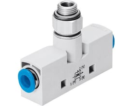 Festo vakuumejektor VN-10-L-T3-PQ2-VA4-RQ2 med T-formet design og hvidt plastkabinet, viser push-in konnektor og gevindtilslutning.