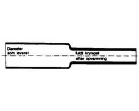 Illustration af krympeslange PO 12,7 mm med 2:1 krympeforhold, der viser forskellen mellem oprindelig diameter og fuldt krympet efter opvarmning.