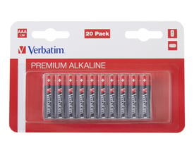 Pakke med 20 stk. Verbatim Premium Alkaline AAA batterier, klar plastemballage med rødt baggrundskort.