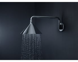 Hansgrohe Axor Front hovedbruser i krom med 279mm hoved og 400mm brusearm, der afgiver vandstråler på mørk baggrund.