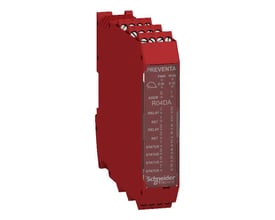 Schneider Electric XPSMCM udvidelsesmodul i mørkerød med tydelige mærkninger som "PREVENTA", "R04DA" og "Schneider Electric".