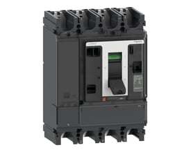 Schneider Electric ComPacT NSX630NA DC 4-polet lastadskiller med grå betjeningsgreb og grøn OFF-indikator.
